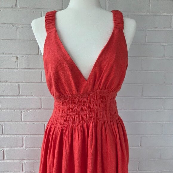 Abercrombie & Fitch Size Small Scrunchie Strap Linen Blend Midi Dress in Coral - Picture 2 of 8